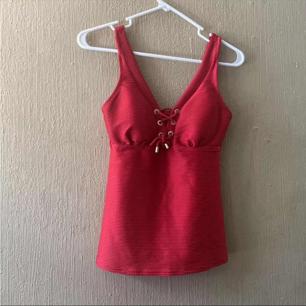Land’s End Lace-Up Ribbed Modest Tankini Size 4 red 450345 Vintage
